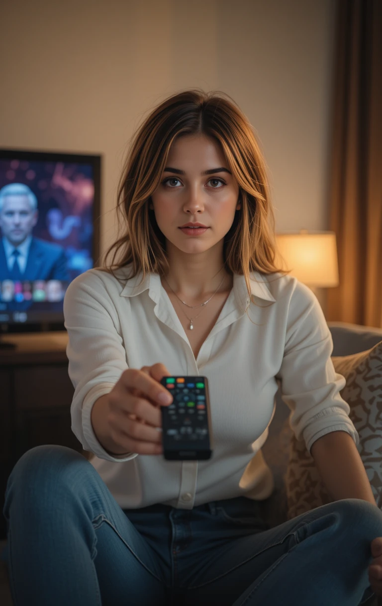 female with tv remote